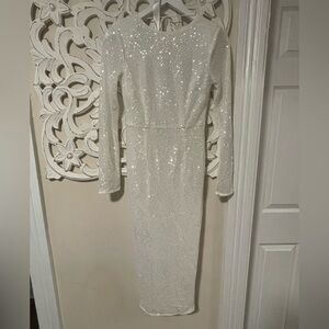 White long sleeve open back midi sequin dress